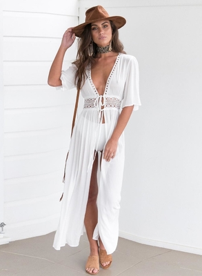 Wholesale Solid Color White Deep V Neck Half Sleeve Beach Cover Up Sexy Maxi Dress Beach Tunic With Slit