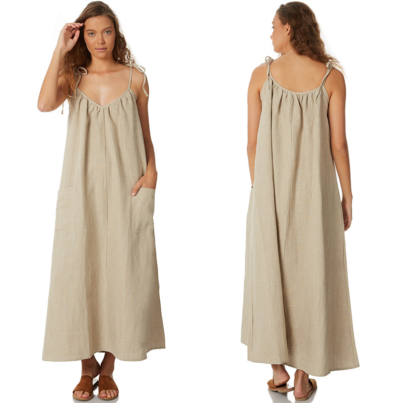 Women 100% Linen Old Fashion Maxi Dress